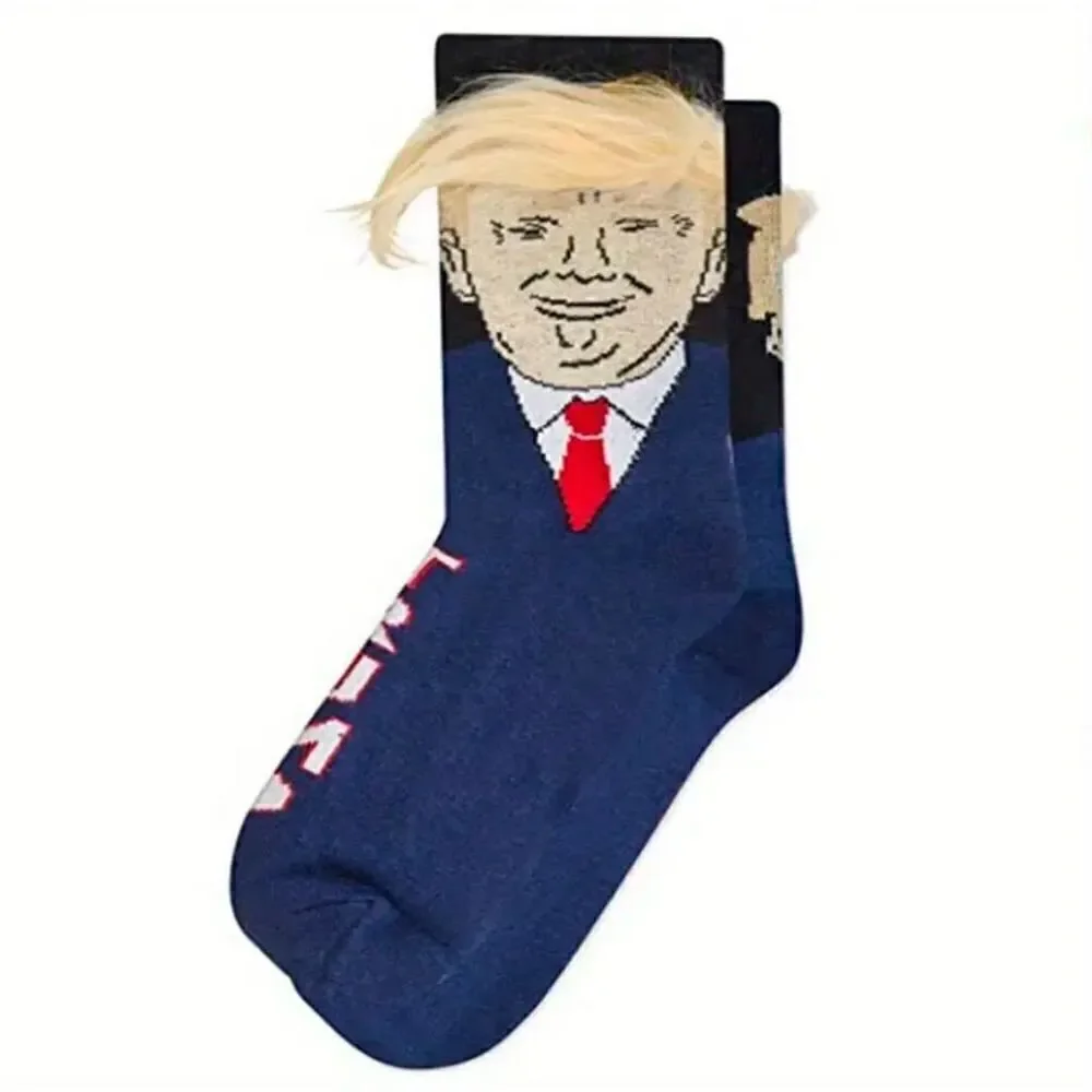 President Donald Trump Hair Crew Socks Blue Political Humor Unisex OS Red White